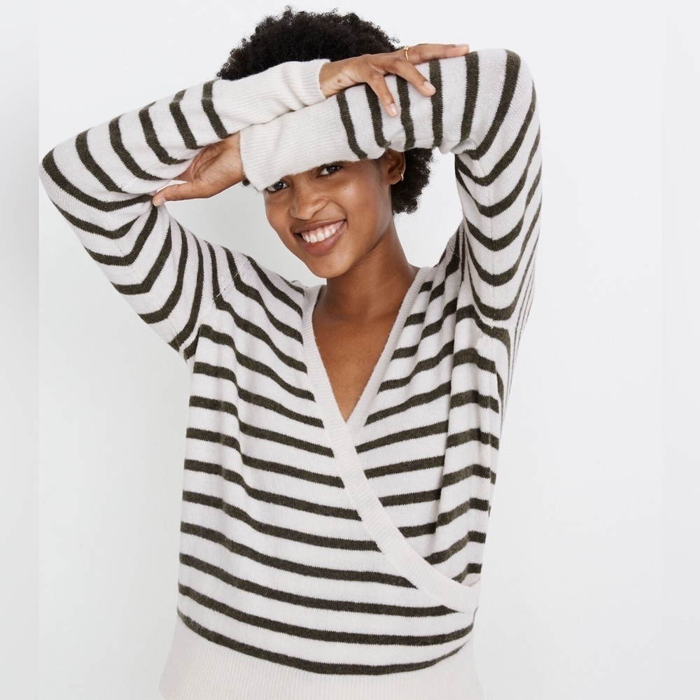 Madewell Wrap-Front Sweater in Elthorne Stripe Alpaca Blend Size XS
